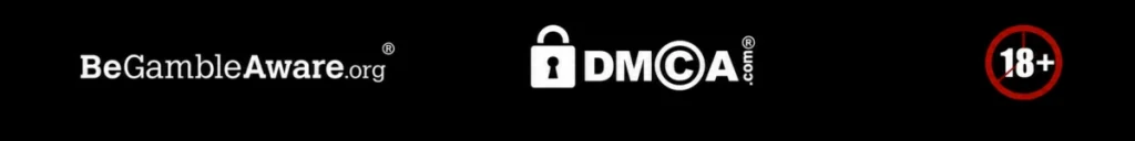 BeGambleAware, DMCA protected, and 18+ responsible gambling banner icons on black background